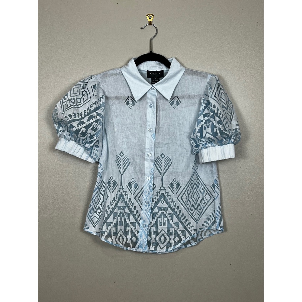 Gracia Blue Geometric Tribal Burnout Puff‎ Sleeve Button Down Shirt T34153 Small